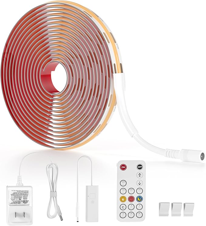 WOBANE COB LED Strip Light Kit,9.8ft Dimmable LED Light Strip with RF Remote for Kitchen Cabinet,Counter,Shelf,Hidden 3000K Warm White,CRI90+,Surper Bright,1500lm,Timing,960 LEDs,ETL Adapter