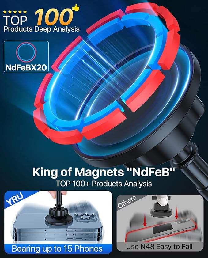 YRU Upgraded Magnetic Phone Holder for Car【Patented & Super Magnet】 for MagSafe Car Mount Dashboard Magnet Phone Holder Windshield Phone Stand for iPhone 17 16 15 14 13 12 Pro Max Samsung, Light Blue