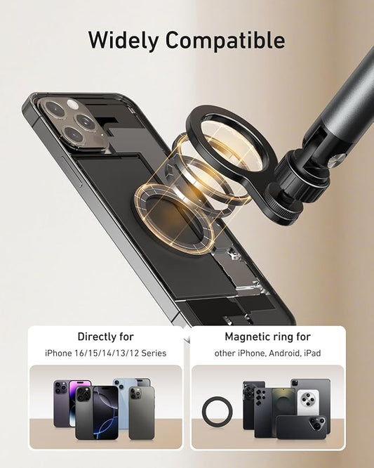 Magnetic Phone Holder for Desk & Bed – Black, 360° Adjustable Long Arm Tablet Stand with Strong N52 Magnet for iPhone, Android & iPad