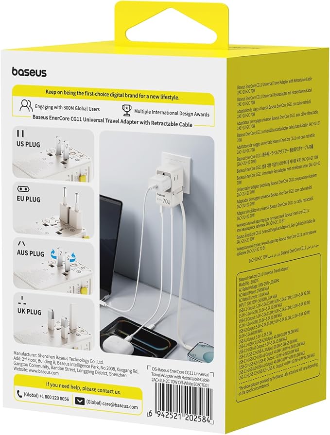 Baseus 70W Universal Travel Adapter with Retractable Cable, 6-in-1 International Plug Adapter, USB-C PD Fast Charging Worldwide Wall Charger for USA/EU/UK/AUS and Over 200 Countries (Off-White)
