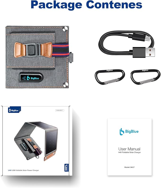 BigBlue 14W Solar Charger - Portable Waterproof IPX4 USB Solar Panel - Compact Foldable Design - Grey