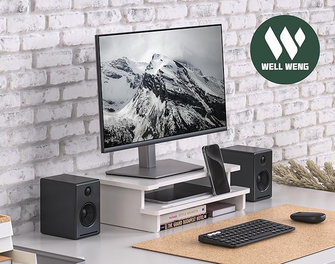 Monitor Stand Monitor Stand Riser for Desk,Wood Desk Shelf Storage Organizer with Phone Tablet Holder (16.5 Inch, White)