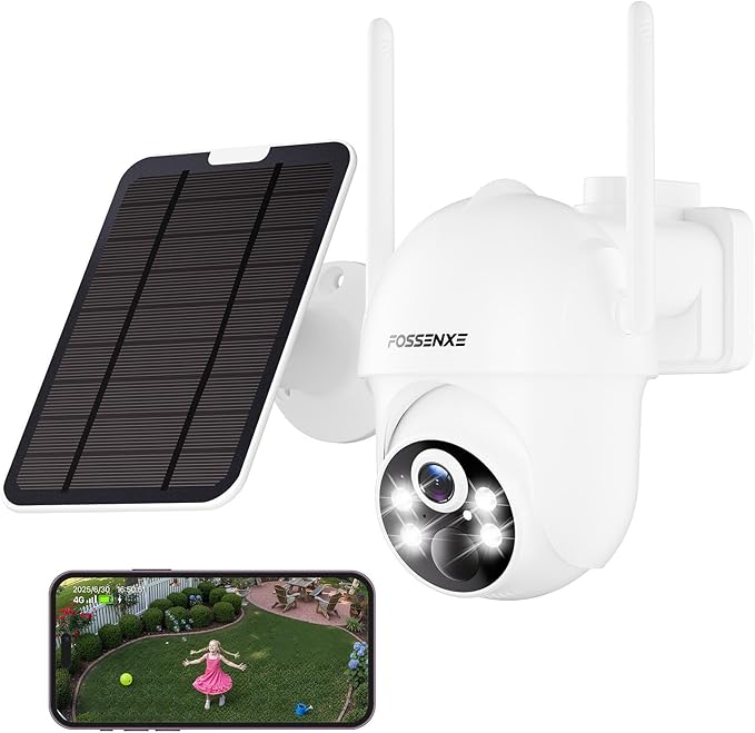 2K Solar Security Camera 360° PTZ - Wireless outdoor surveillance camera with solar panel mounted on white wall