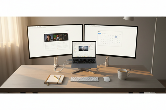 Premium home office desk setup with USB-C hub connected to MacBook, GaN charging station, wireless keyboard mouse, clean minimal workspace with warm lighting