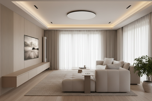 Minimal calm living space with invisible technology and soft lighting, designed to support wellness, focus, and quiet smart living