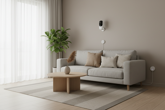 Smart home security and automation devices in a small modern apartment living space for everyday smart living