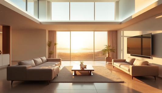 A calm minimalist modern living room with smart lighting, natural tones, and clean design — representing Techloop Living’s calm technology concept.