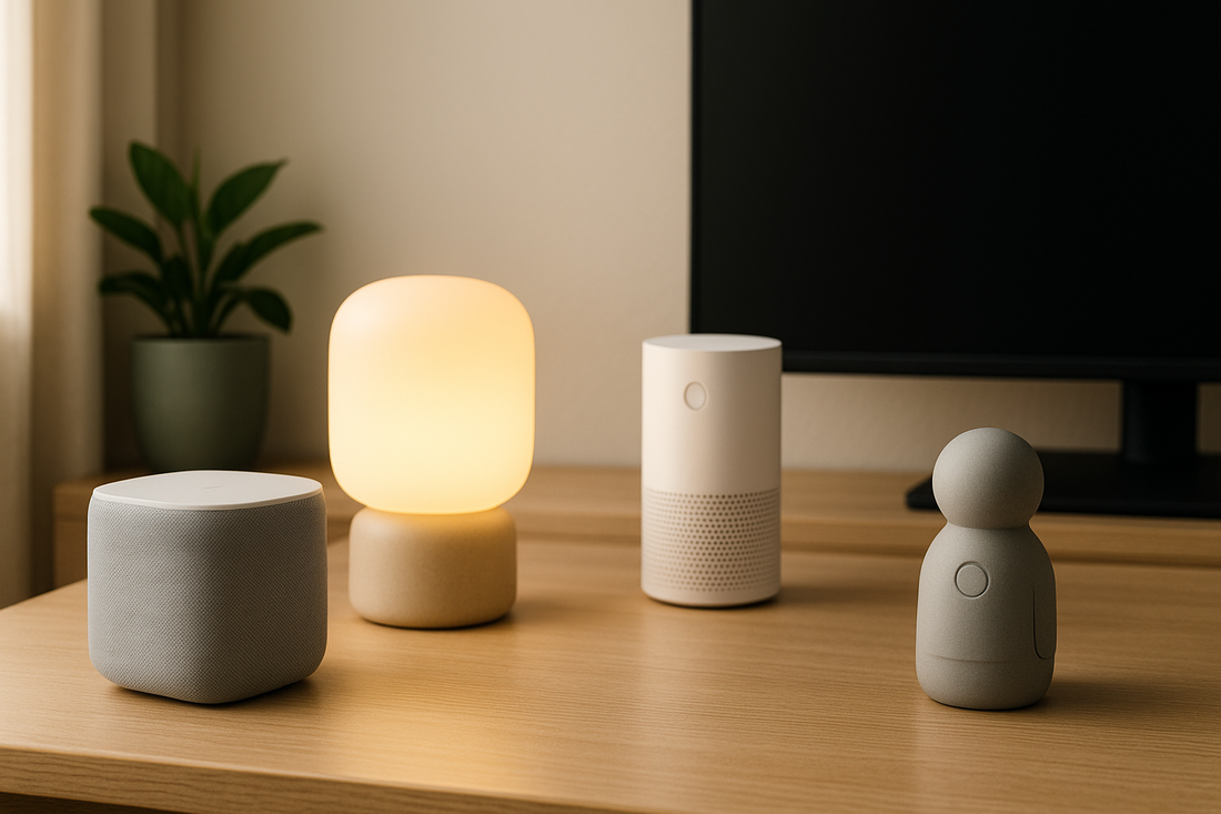 Minimalist modern smart home interior featuring smart lighting, thermostat, voice assistant, and kitchen devices — representing Techloop Living’s connected lifestyle concept.