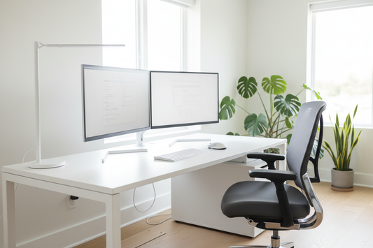 Modern smart home office workspace with ergonomic desk setup, dual monitors, smart lighting, and organized cable management