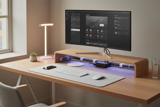Smart home workspace with minimalist desk setup, wireless charging monitor stand, and cable management solutions
