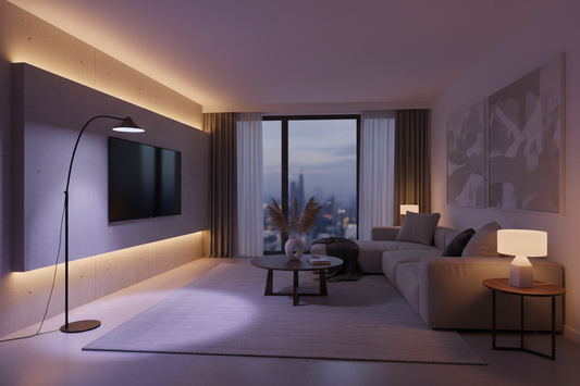 Modern minimalist living room with smart LED strip lights behind TV, color smart bulbs in floor lamp casting warm purple glow, cozy ambient lighting setup