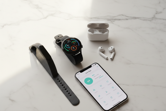 Smart watch and fitness tracker flat lay on white marble with health metrics display, pedometer, heart rate monitor and sleep tracker for men and women