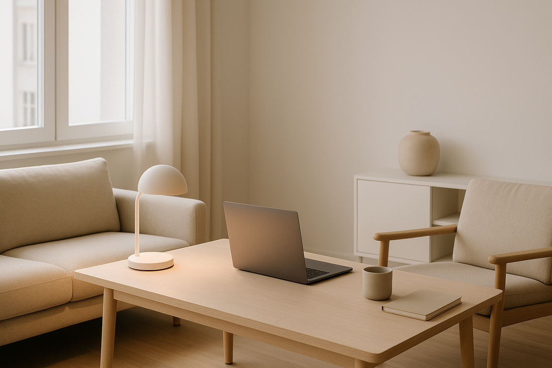 Minimalist modern workspace with laptop, smart lighting, and neutral tones — representing Techloop Living’s digital minimalism and intentional living philosophy.
