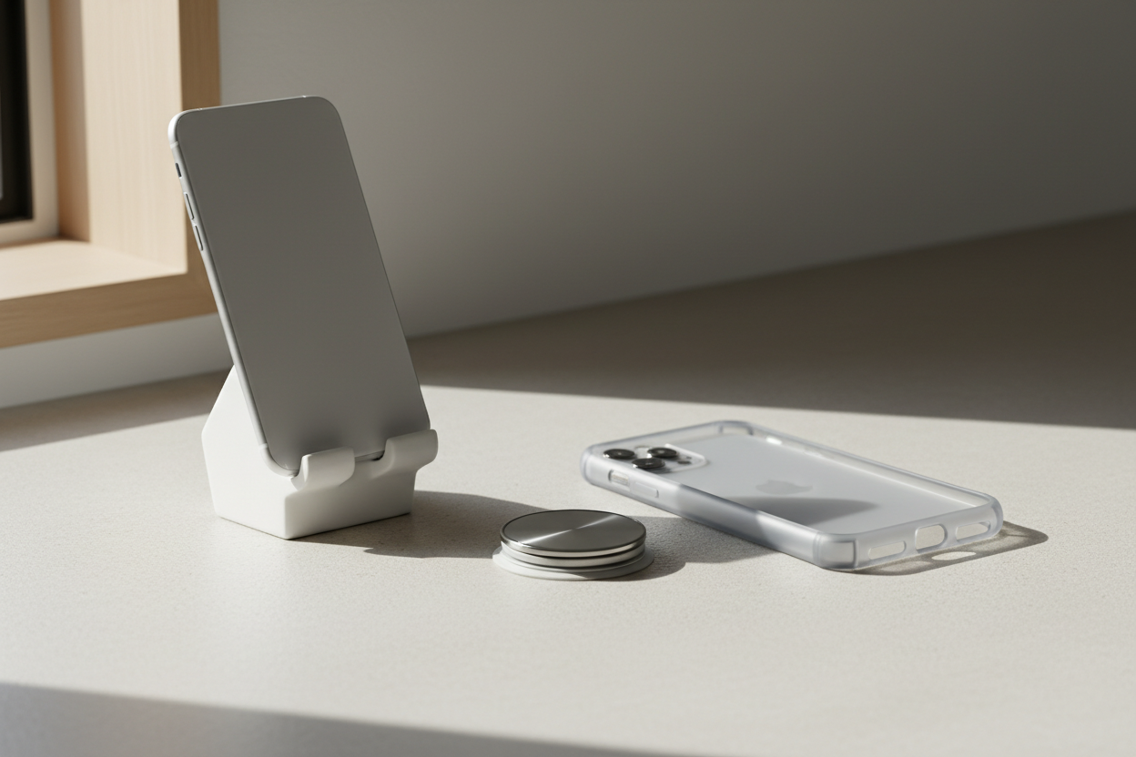 Phone accessories including stands, grips, and protective cases for everyday use