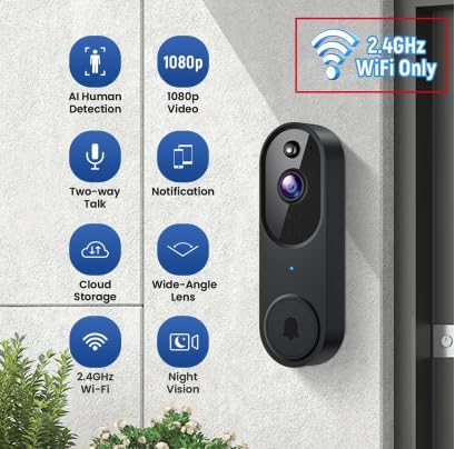 1080P Wireless Video Doorbell Camera, Night Vision, Cloud Storage (Sold Separately), 2.4GHz Wi-Fi Only, Smart AI Human Detection, Real-Time Alert, 2-Way Audio, Battery Powered