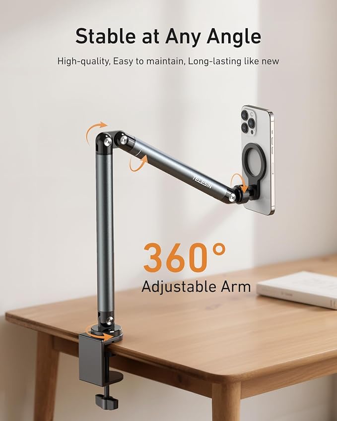 Magnetic Phone Holder for Desk & Bed – Black, 360° Adjustable Long Arm Tablet Stand with Strong N52 Magnet for iPhone, Android & iPad
