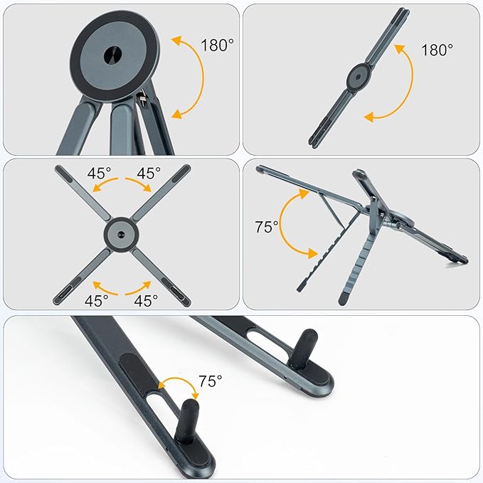 Adjustable Laptop Stand for Desk & Travel - Magnetic Phone Holder Tripod for MagSafe iPhone, Aluminum Foldable Portable Computer Stand Compatible with 10–16" Laptops and 4–13" Phones/Tablets