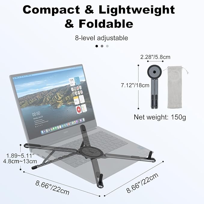 Adjustable Laptop Stand for Desk & Travel - Magnetic Phone Holder Tripod for MagSafe iPhone, Aluminum Foldable Portable Computer Stand Compatible with 10–16" Laptops and 4–13" Phones/Tablets