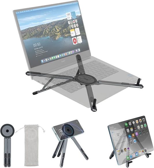 Adjustable Laptop Stand for Desk & Travel - Magnetic Phone Holder Tripod for MagSafe iPhone, Aluminum Foldable Portable Computer Stand Compatible with 10–16" Laptops and 4–13" Phones/Tablets