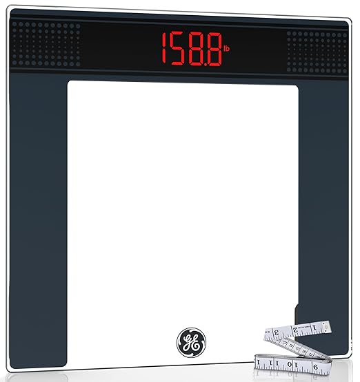 GE Bathroom Scale for Body Weight: Highly Accurate Digital Scale Weighing Machine with Clear Tempered Glass, 11.8" Large Platform, LED Display, 400 lbs, 4 Units, with Body Tape Measure and Batteries