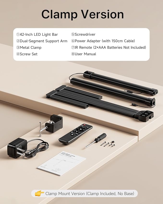 ONEMIX 42" LED Desk Lamp with Clamp, Architect Desk Light with Remote, Adjustable 4-Segment Bar, 1800LM Bright, Eye-Caring Desk Lamp for Home Office, Reading, Study, Dual Monitors, Workbench (Black)