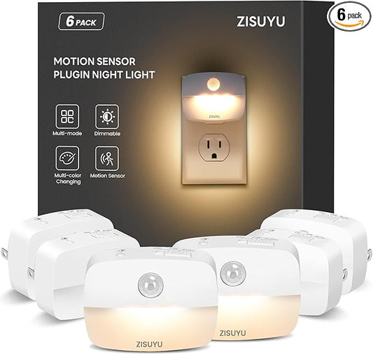 ZISUYU Plug-in LED Night Light with Motion Sensor, 10-60lm Dimmable Nightlight with Multi-Mode & Color-Changing, Ideal for Bedroom, Kitchen, Bathroom, Stairs, Hallway (6 Pack)