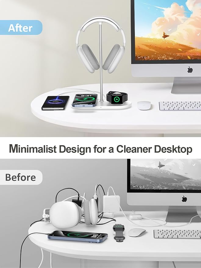 TopMade 5-in-1 Headphone Stand with Wireless Charger – Cream White, 15W Fast Charging for iPhone, Apple Watch, AirPods & Universal Headset Holder