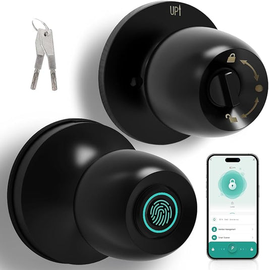 Fingerprint Smart Door Knob, Biometric Keyless Entry Door Lock with App Control & Backup Keys, Thumbprint Round Door Lock, Suitable for Home, Bedroom, Office, and Apartment Matte Black