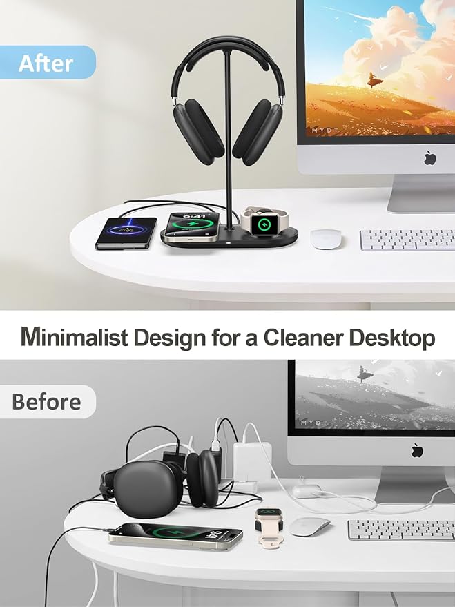 TopMade 5 in 1 Headphone Stand for Desk with Wireless Charger & USB Charging for iPhone/AirPods/iWatch, Universal Desktop Gaming Headset Holder for Airpods Max, Bose, Beats, Razer and More, Black