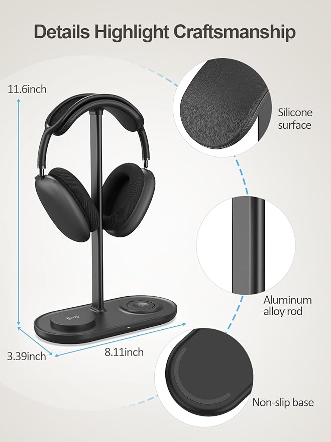 TopMade 5 in 1 Headphone Stand for Desk with Wireless Charger & USB Charging for iPhone/AirPods/iWatch, Universal Desktop Gaming Headset Holder for Airpods Max, Bose, Beats, Razer and More, Black