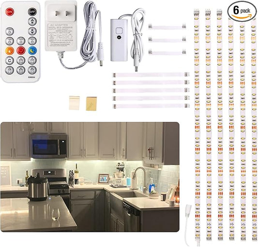 WOBANE Under Cabinet Lighting Kit, 6PCS 20inch LED Strip Bars with 24W Adapter,RF Remote,Hidden Super Bright Daylight for Kitchen Cabinet,Under Desk,Counter Lighting,4000K Natural White,1500LM