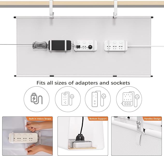 Under Desk Cable Management Tray - 36" Cord Organizer for Desk No Drill, Fabric Under Table Wire Organizer with 16X Cable Ties Hide for Office/Home, Cord Hider Fits Adapters & Sockets, White