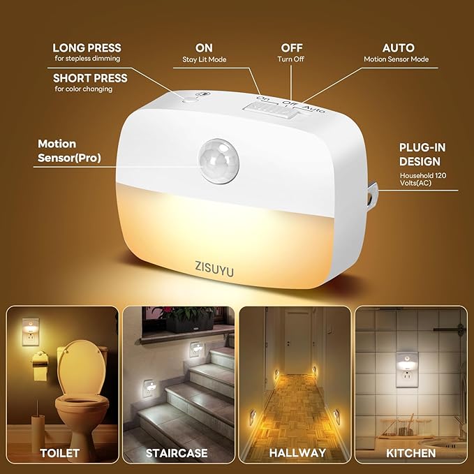 ZISUYU Plug-in LED Night Light with Motion Sensor, 10-60lm Dimmable Nightlight with Multi-Mode & Color-Changing, Ideal for Bedroom, Kitchen, Bathroom, Stairs, Hallway (6 Pack)