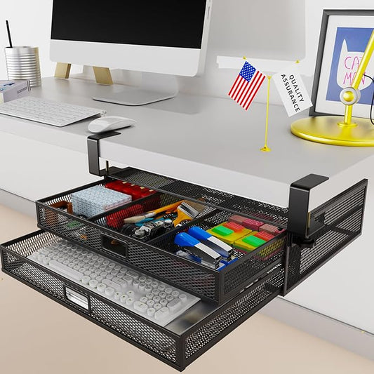 Under Desk Drawer Organizer No Drilling 2 Slide Out Drawer Under Table Storage Drawer Clamp On Under Desk Management Drawer Organizer Suitable for Home and Office