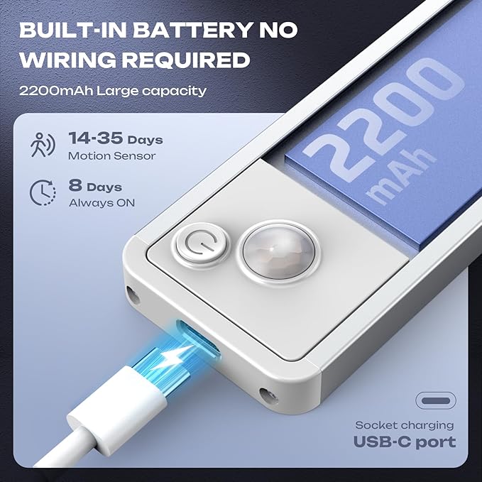 2 Pack Under Cabinet Lighting Wireless 10inch LED Motion Sensor Magnetic Light 2200maAh Rechargeable Indoor Closet Lights for Kitchen, Stairs Cool White