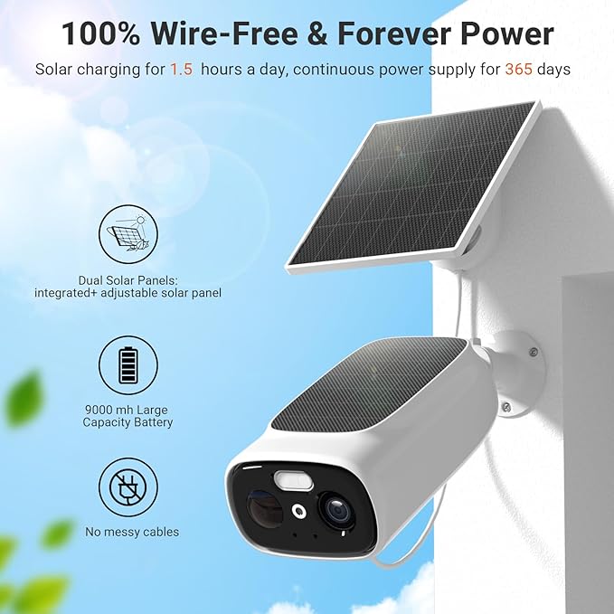 Rraycom 2.5K Solar Security Cameras Wireless Outdoor, Tuya Smart Camera,2-Way Talk, Color Night Vision, PIR Motion Detection,Spotlight/Siren, Alexa, Waterproof,No Monthly Fee