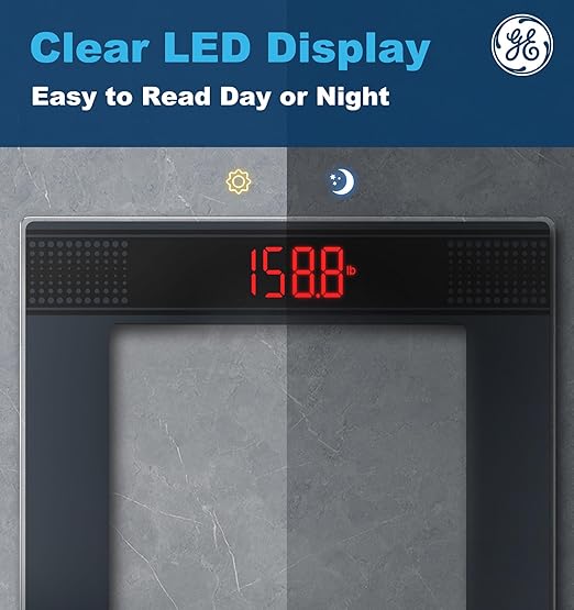 GE Bathroom Scale for Body Weight: Highly Accurate Digital Scale Weighing Machine with Clear Tempered Glass, 11.8" Large Platform, LED Display, 400 lbs, 4 Units, with Body Tape Measure and Batteries