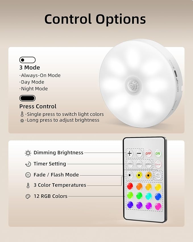 EZVALO 6-Pack Under Cabinet Lighting, Rechargeable Motion Sensor Puck Light with Remote, 3 Color Temps &12 RGB Colors, Magnetic Stick on Light, Dimmable Under Counter Light for Kitchen, Home Decor