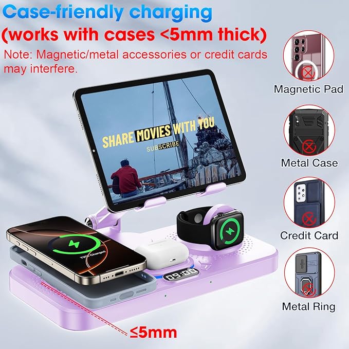6 in 1 Wireless Charger for Apple Device, 30W Foldable Wired Charging for ipad with Clock & 7 Color Ambient Light, Nightstand Charger Station for iPhone 17/16/15/iWatch Series/AirPods 4/Pro 3(Purple)