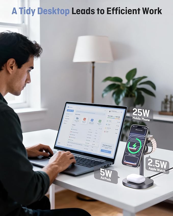 3 in 1 Wireless Charging Station, Qi2.2 25W Certified Fast Magnetic Charger, Mag-Safe Wireless Charger Stand with TEC Active Cooling, for iPhone17/16/15/14/13/12, Apple Watch/AirPods