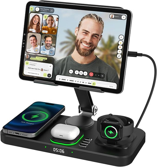 6 in 1 Wireless Charger for Apple Device, 30W Foldable Wired Charging for ipad with Clock & 7 Color Ambient Light, Nightstand Charger Station for iPhone 17/16/15/iWatch Series/AirPods 4/Pro 3(Black)