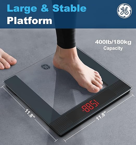 GE Bathroom Scale for Body Weight: Highly Accurate Digital Scale Weighing Machine with Clear Tempered Glass, 11.8" Large Platform, LED Display, 400 lbs, 4 Units, with Body Tape Measure and Batteries