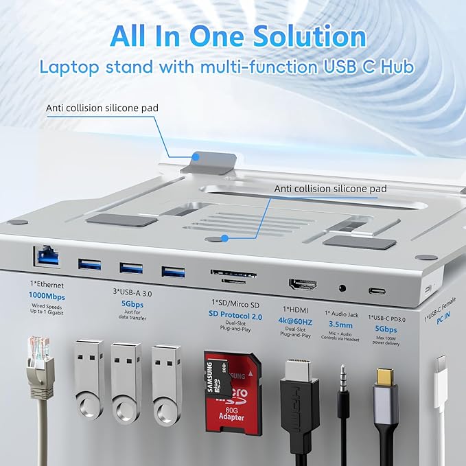 9-in-1 Triangular-Lock Laptop Stand with Docking Station for MacBook Pro/Dell/HP - 4K HDMI,100W PD Charging,Gigabit Ethernet,SD/TF Reader&3.5mm Combo Jack | Practical Present for Students/Tech Lovers