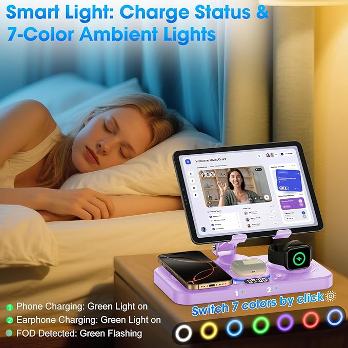 6 in 1 Wireless Charger for Apple Device, 30W Foldable Wired Charging for ipad with Clock & 7 Color Ambient Light, Nightstand Charger Station for iPhone 17/16/15/iWatch Series/AirPods 4/Pro 3(Purple)