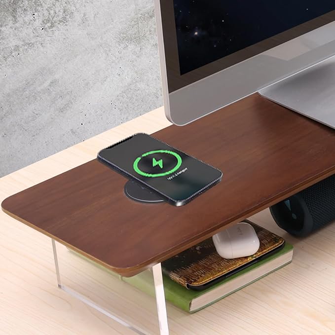 SUIBIAN Wooden Monitor Stand Riser with Wireless Charging 31.5Inch Large, Computer Monitor Stand,Wooden Desktop Organizer Shelf for Office Desk Computer,Laptop,TV (Walnut Wood)