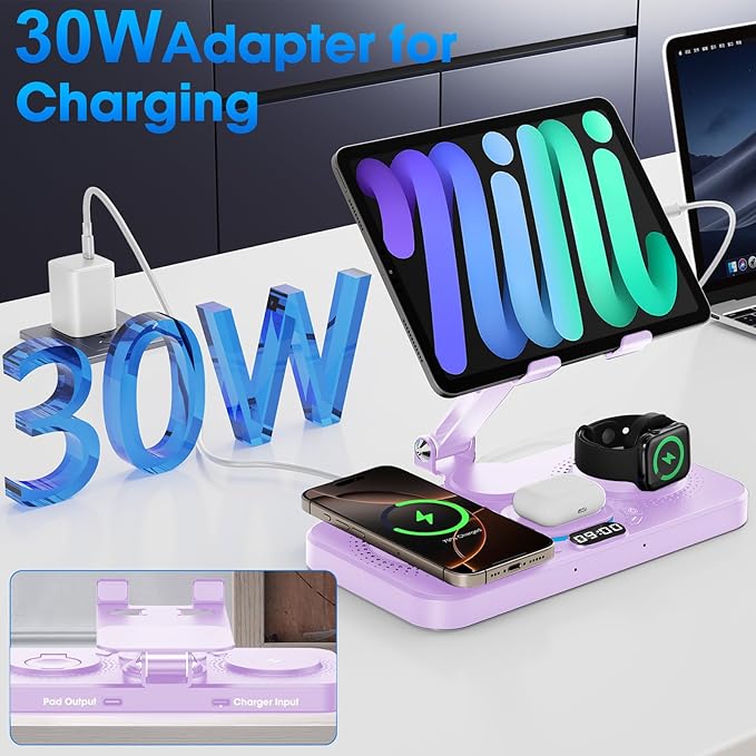 6 in 1 Wireless Charger for Apple Device, 30W Foldable Wired Charging for ipad with Clock & 7 Color Ambient Light, Nightstand Charger Station for iPhone 17/16/15/iWatch Series/AirPods 4/Pro 3(Purple)