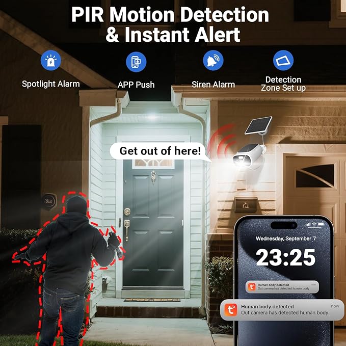Rraycom 2.5K Solar Security Cameras Wireless Outdoor, Tuya Smart Camera,2-Way Talk, Color Night Vision, PIR Motion Detection,Spotlight/Siren, Alexa, Waterproof,No Monthly Fee
