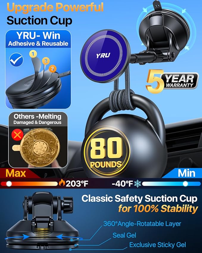 YRU Upgraded Magnetic Phone Holder for Car【Patented & Super Magnet】 for MagSafe Car Mount Dashboard Magnet Phone Holder Windshield Phone Stand for iPhone 17 16 15 14 13 12 Pro Max Samsung, Light Blue