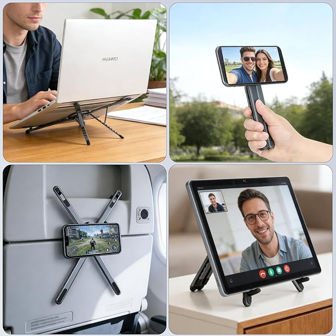 Adjustable Laptop Stand for Desk & Travel - Magnetic Phone Holder Tripod for MagSafe iPhone, Aluminum Foldable Portable Computer Stand Compatible with 10–16" Laptops and 4–13" Phones/Tablets