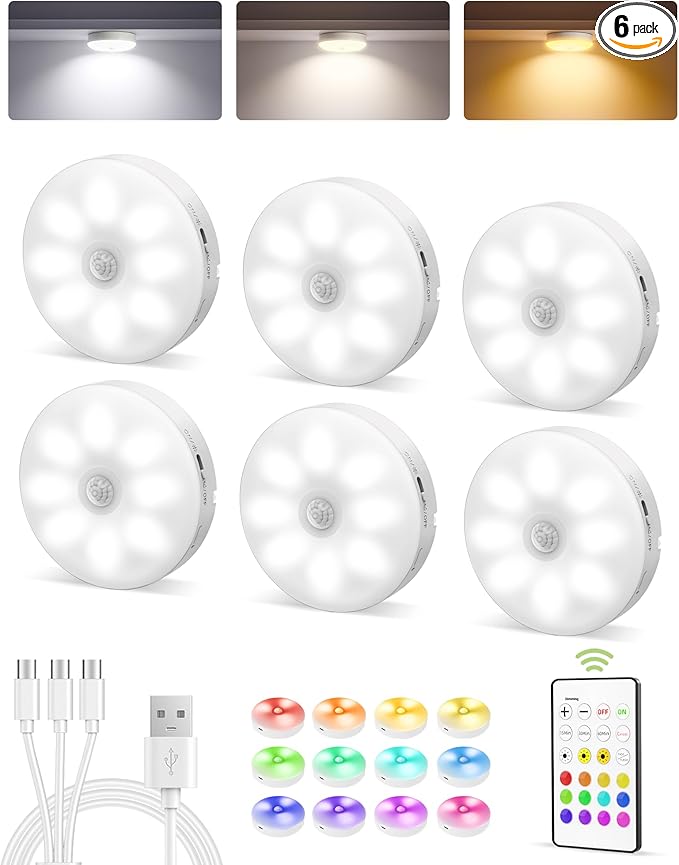 EZVALO 6-Pack Under Cabinet Lighting, Rechargeable Motion Sensor Puck Light with Remote, 3 Color Temps &12 RGB Colors, Magnetic Stick on Light, Dimmable Under Counter Light for Kitchen, Home Decor